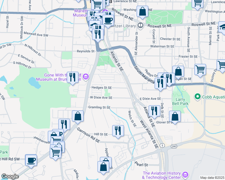 map of restaurants, bars, coffee shops, grocery stores, and more near 143 West Dixie Avenue Southeast in Marietta