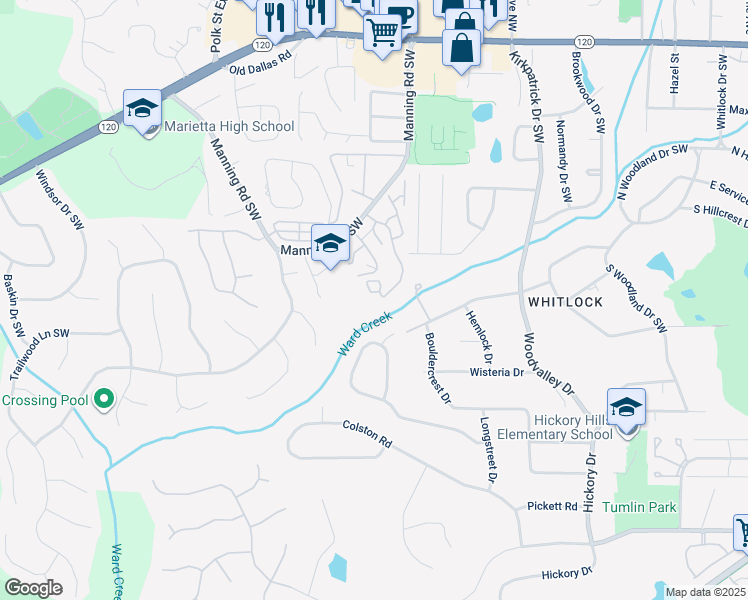map of restaurants, bars, coffee shops, grocery stores, and more near 1009 Cannon Gate Crossing in Marietta