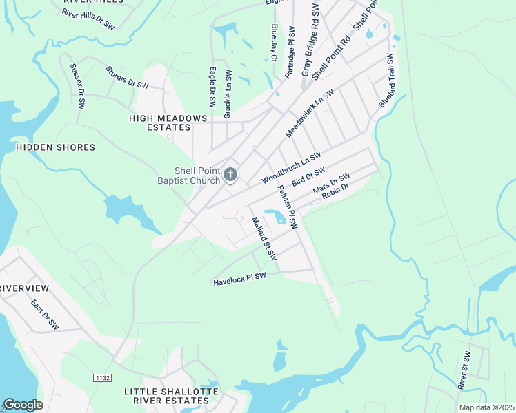 map of restaurants, bars, coffee shops, grocery stores, and more near 3039 Bird Drive Southwest in Shallotte