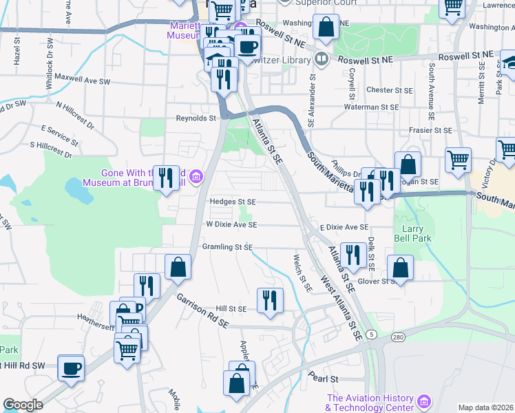 map of restaurants, bars, coffee shops, grocery stores, and more near 143 West Dixie Avenue Southeast in Marietta