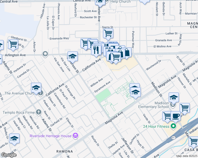 map of restaurants, bars, coffee shops, grocery stores, and more near 7805 Willow Avenue in Riverside