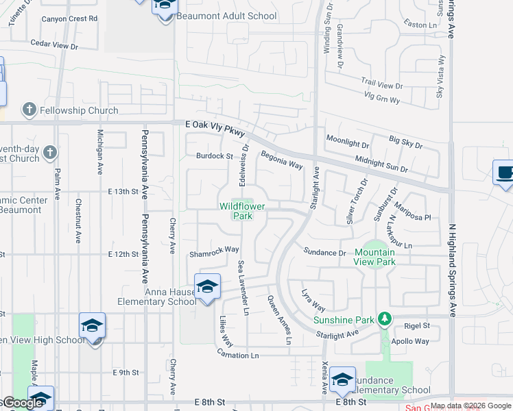 map of restaurants, bars, coffee shops, grocery stores, and more near 1407 Tulip Circle North in Beaumont