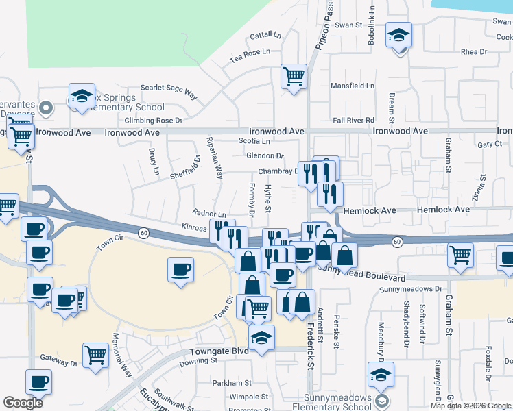 map of restaurants, bars, coffee shops, grocery stores, and more near 12258 Formby Drive in Moreno Valley