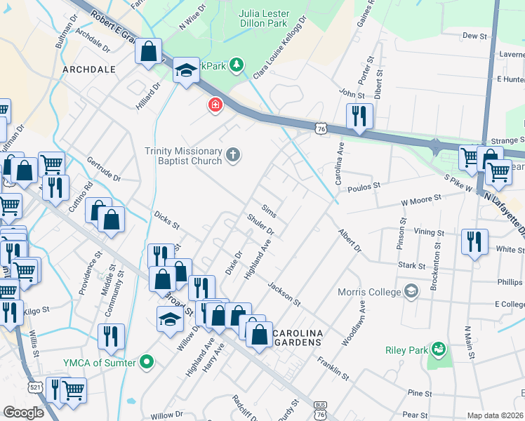 map of restaurants, bars, coffee shops, grocery stores, and more near 22 Shuler Drive in Sumter