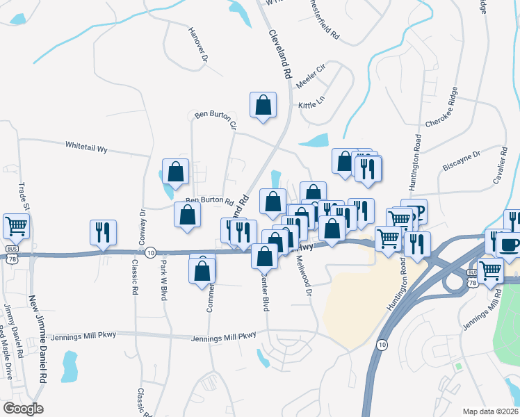 map of restaurants, bars, coffee shops, grocery stores, and more near 3890 Atlanta Highway in Bogart