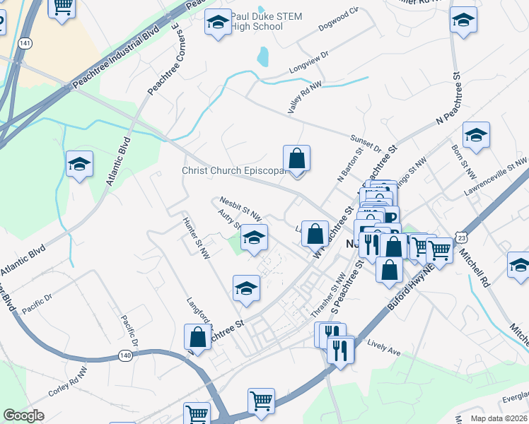 map of restaurants, bars, coffee shops, grocery stores, and more near 370 Nesbit Street Northwest in Norcross