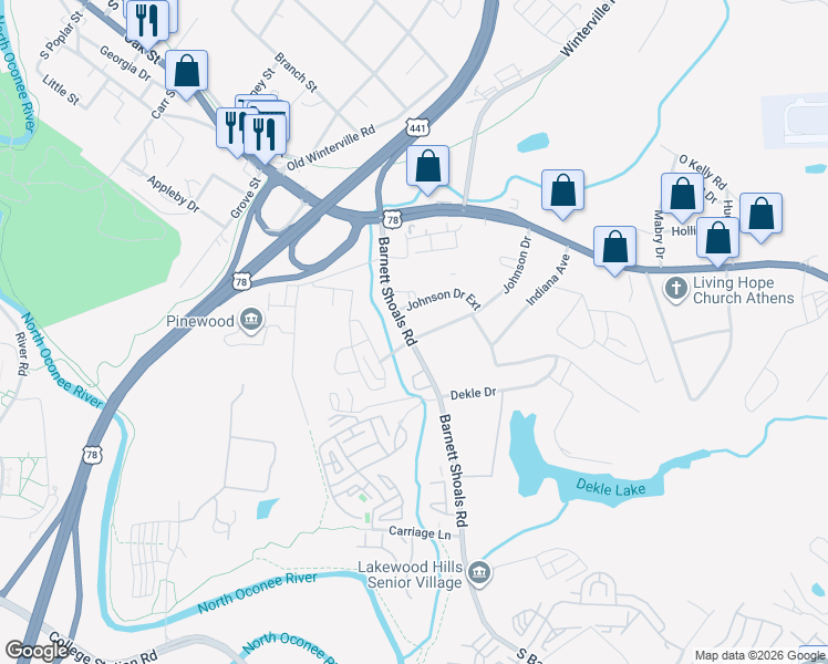 map of restaurants, bars, coffee shops, grocery stores, and more near 355 South Barnett Shoals Road in Athens