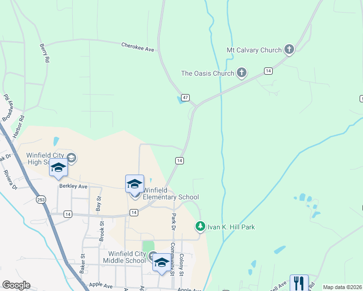 map of restaurants, bars, coffee shops, grocery stores, and more near 969 County Road 14 in Winfield