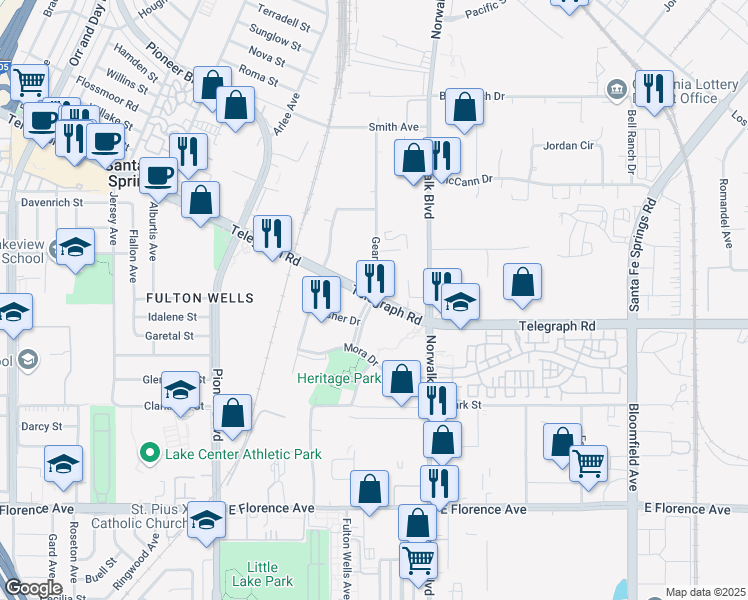 map of restaurants, bars, coffee shops, grocery stores, and more near 12100 Telegraph Road in Santa Fe Springs