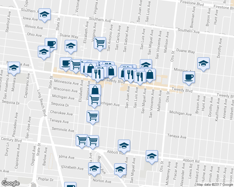 map of restaurants, bars, coffee shops, grocery stores, and more near 10029 San Gabriel Avenue in South Gate