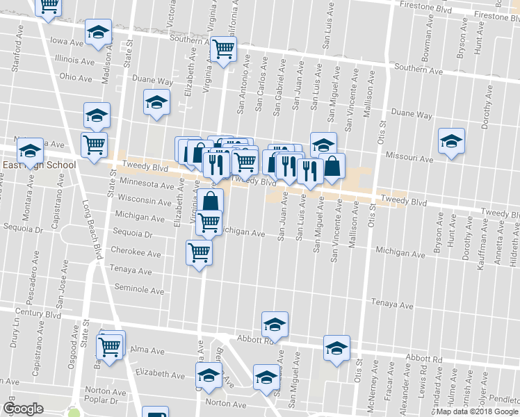 map of restaurants, bars, coffee shops, grocery stores, and more near 10029 San Gabriel Avenue in South Gate