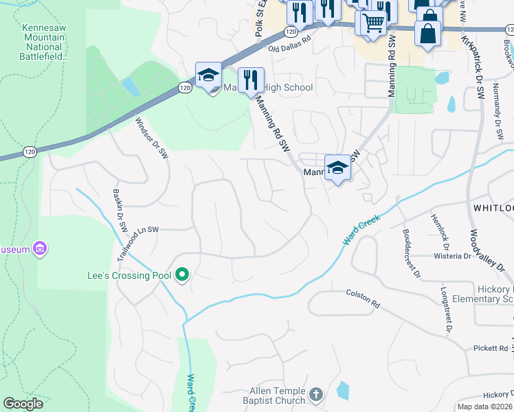 map of restaurants, bars, coffee shops, grocery stores, and more near 432 Rockford Pass Southwest in Marietta