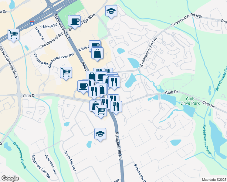 map of restaurants, bars, coffee shops, grocery stores, and more near 1490 Pleasant Hill Road in Duluth