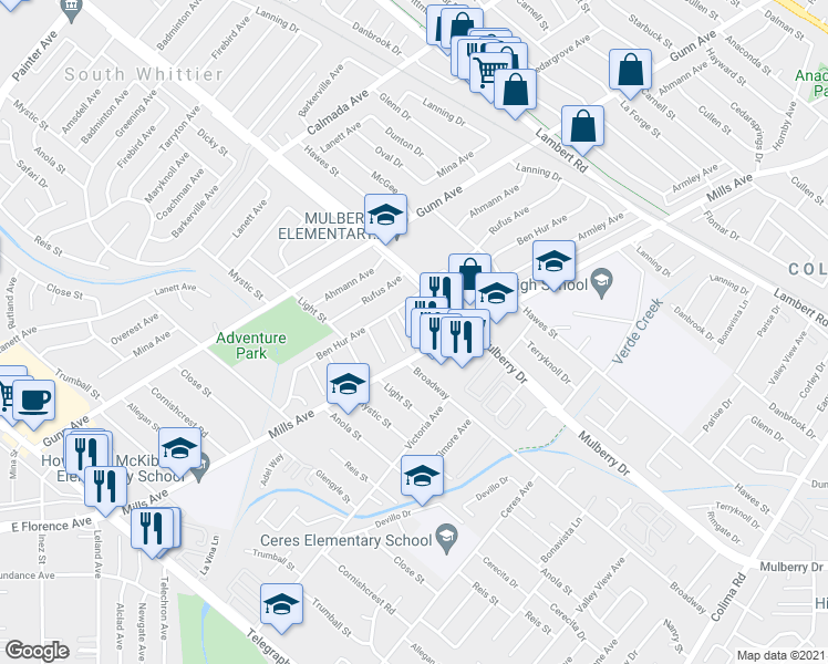 map of restaurants, bars, coffee shops, grocery stores, and more near 14030 Dicky Street in Whittier