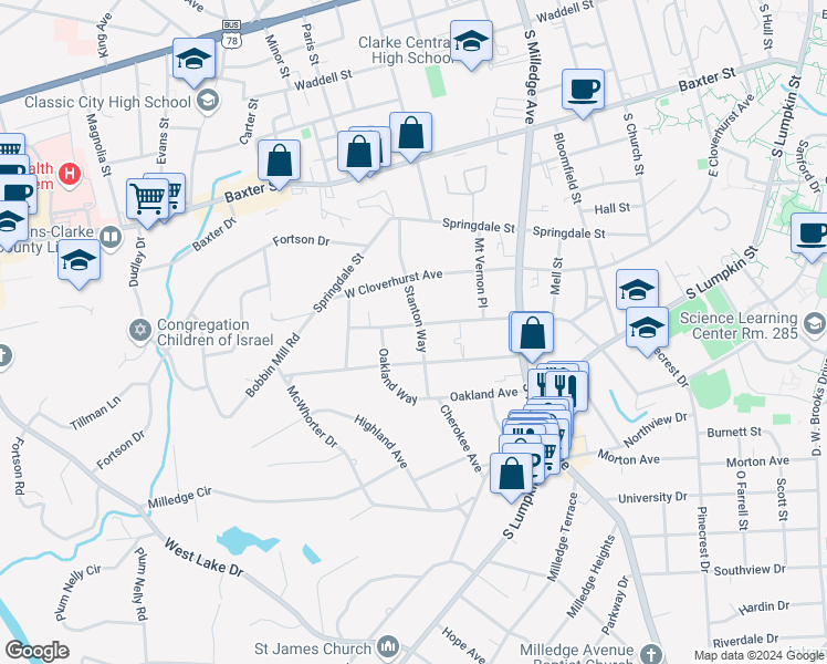map of restaurants, bars, coffee shops, grocery stores, and more near 312 Stanton Way in Athens
