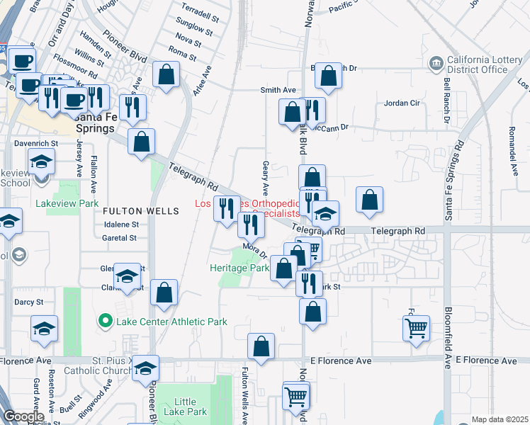 map of restaurants, bars, coffee shops, grocery stores, and more near 12100 Telegraph Road in Santa Fe Springs