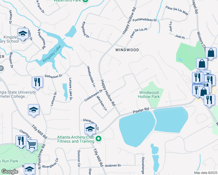 map of restaurants, bars, coffee shops, grocery stores, and more near 4925 Happy Hollow Road in Atlanta