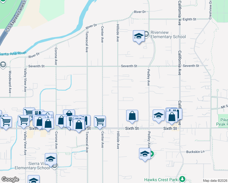 map of restaurants, bars, coffee shops, grocery stores, and more near 4204 Hillside Avenue in Norco