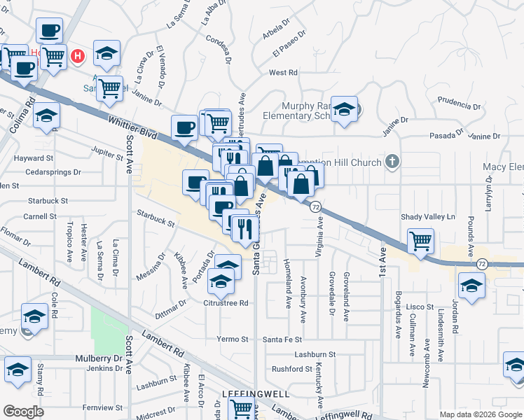 map of restaurants, bars, coffee shops, grocery stores, and more near 10406 Santa Gertrudes Avenue in Whittier