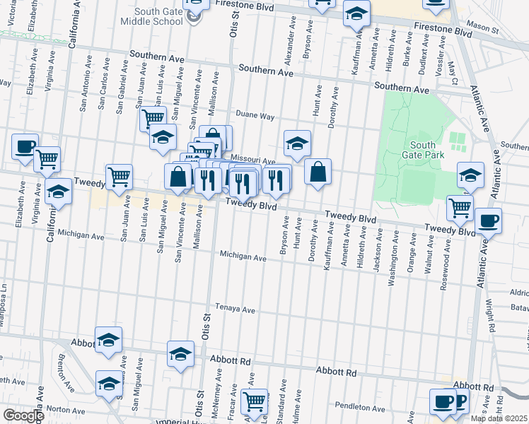 map of restaurants, bars, coffee shops, grocery stores, and more near 10010 Bowman Avenue in South Gate
