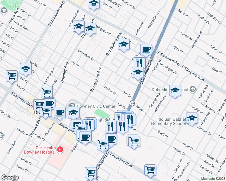 map of restaurants, bars, coffee shops, grocery stores, and more near 8645 Muller Street in Downey