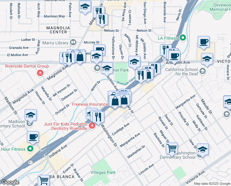 map of restaurants, bars, coffee shops, grocery stores, and more near 6939 Indiana Avenue in Riverside