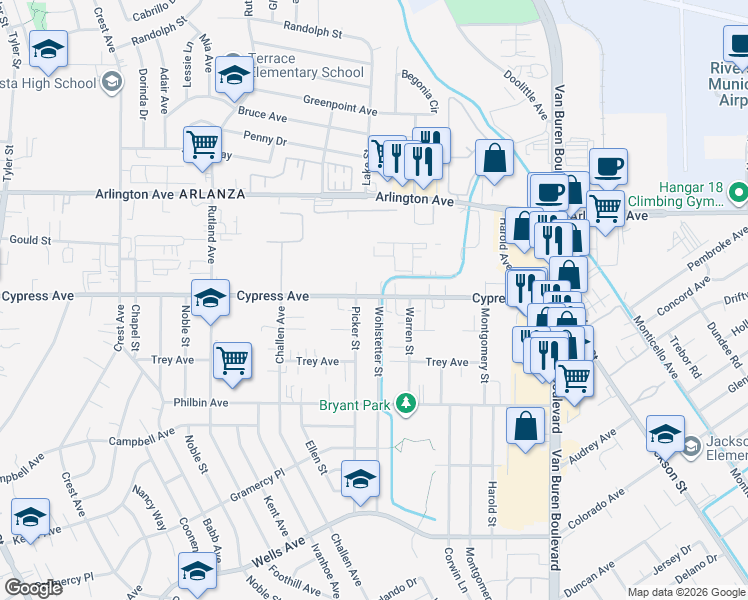 map of restaurants, bars, coffee shops, grocery stores, and more near Cypress Avenue in Riverside