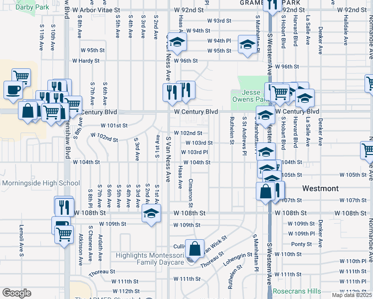 map of restaurants, bars, coffee shops, grocery stores, and more near 2059 West 103rd Street in Los Angeles