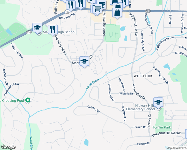 map of restaurants, bars, coffee shops, grocery stores, and more near 374 Manning Villas Drive in Marietta