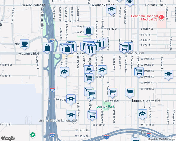 map of restaurants, bars, coffee shops, grocery stores, and more near 10309 South Inglewood Avenue in Inglewood