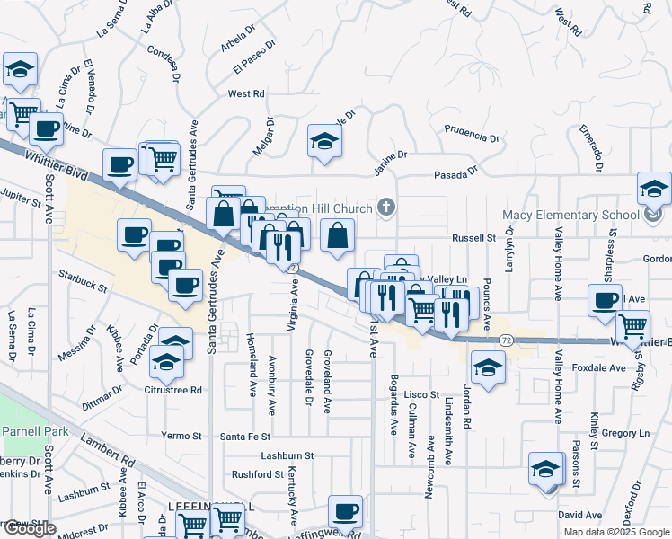 map of restaurants, bars, coffee shops, grocery stores, and more near 16034 Russell Street in Whittier