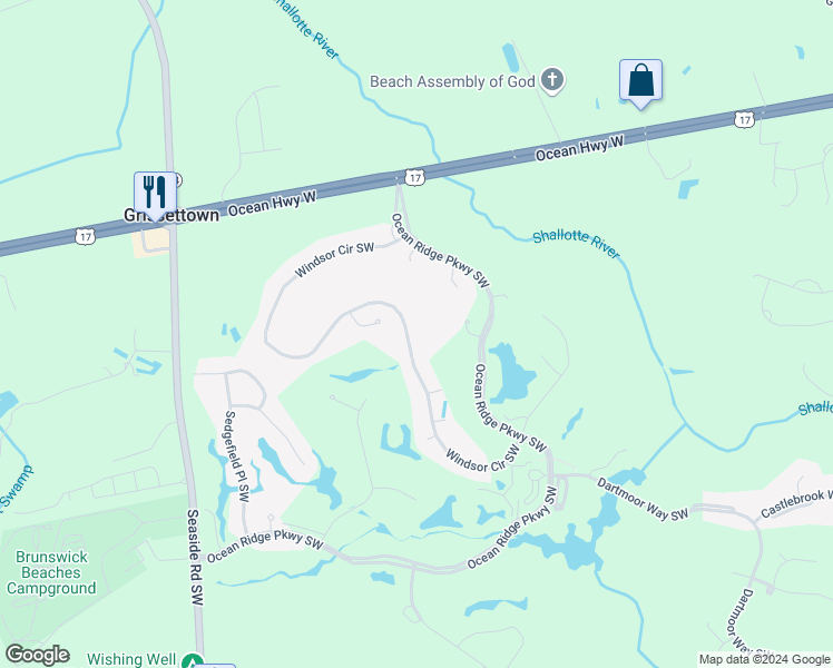 map of restaurants, bars, coffee shops, grocery stores, and more near 142 Windsor Circle Southwest in Ocean Isle Beach