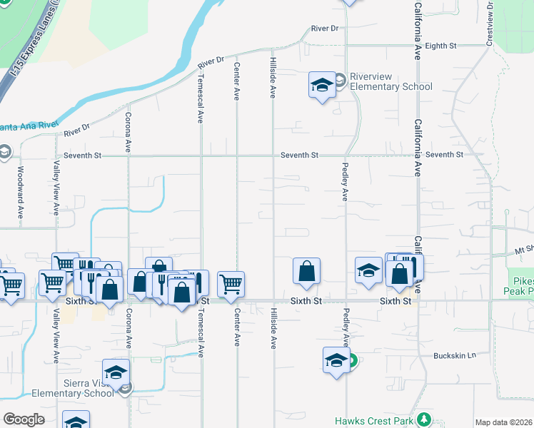 map of restaurants, bars, coffee shops, grocery stores, and more near 4204 Hillside Avenue in Norco