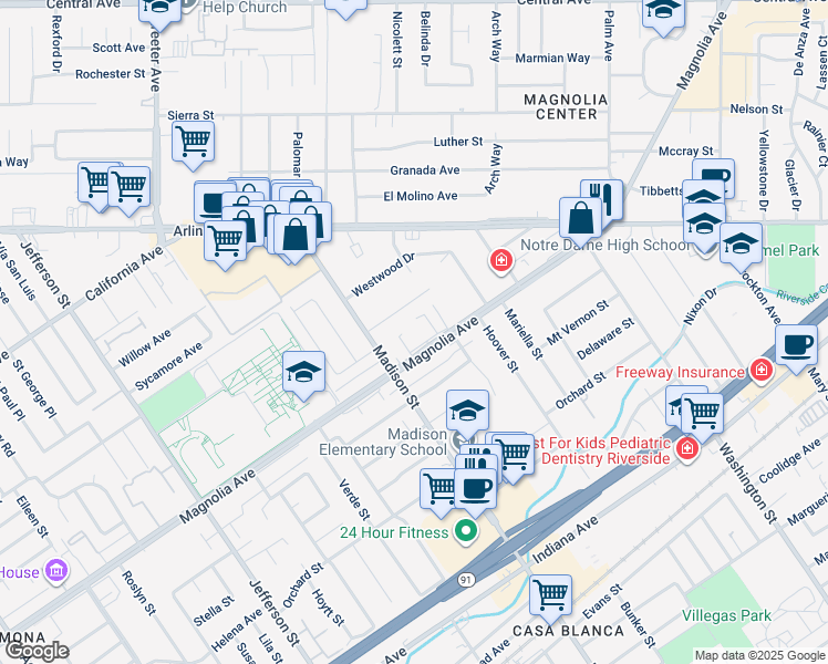 map of restaurants, bars, coffee shops, grocery stores, and more near 7379 Magnolia Avenue in Riverside