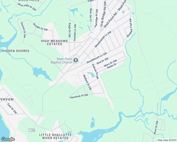 map of restaurants, bars, coffee shops, grocery stores, and more near 3031 Bird Drive Southwest in Shallotte