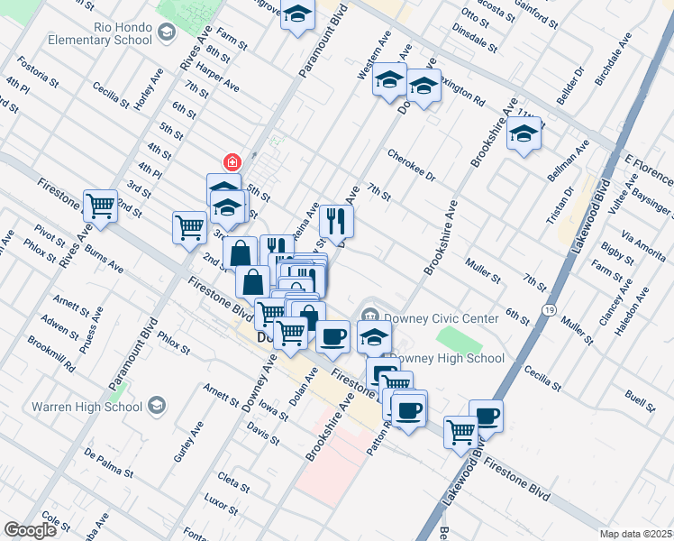 map of restaurants, bars, coffee shops, grocery stores, and more near 10830 Downey Avenue in Downey