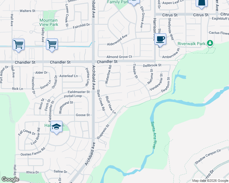 map of restaurants, bars, coffee shops, grocery stores, and more near 14072 Springwater Lane in Corona
