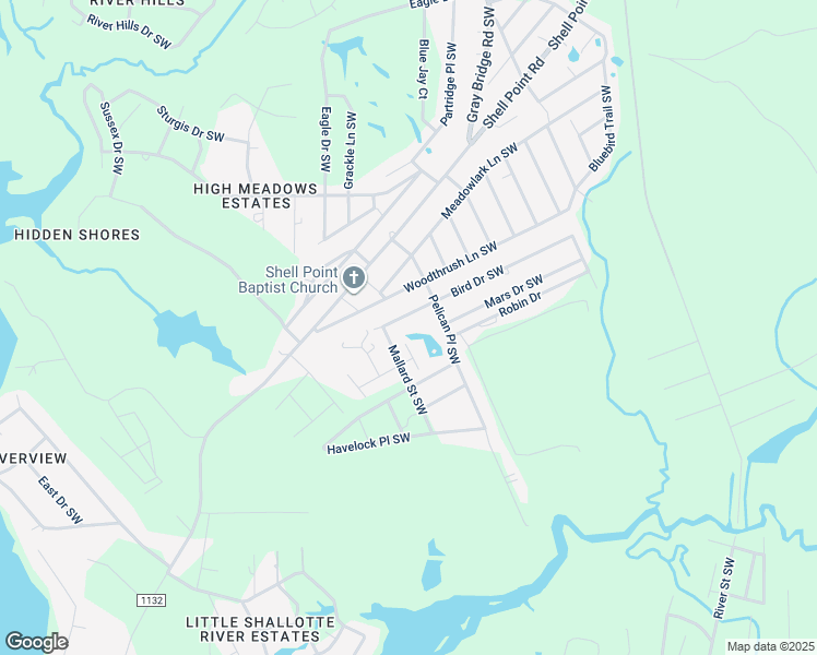 map of restaurants, bars, coffee shops, grocery stores, and more near 3031 Bird Drive Southwest in Shallotte