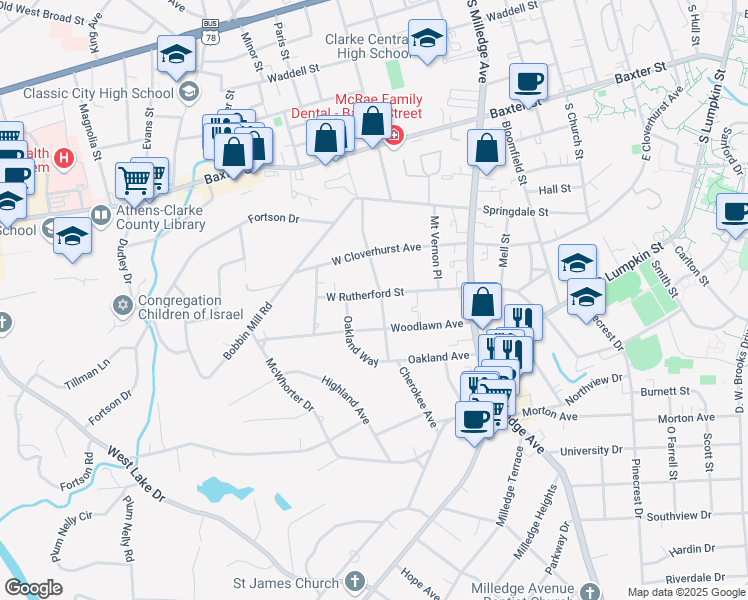 map of restaurants, bars, coffee shops, grocery stores, and more near 310 Stanton Way in Athens