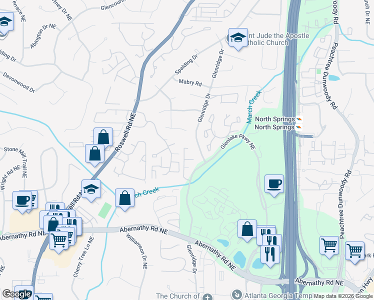 map of restaurants, bars, coffee shops, grocery stores, and more near 6923 Roswell Road in Sandy Springs