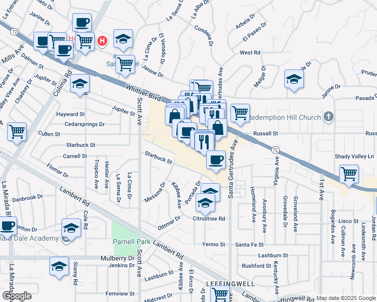 map of restaurants, bars, coffee shops, grocery stores, and more near 15614 Whittwood Ln in Whittier