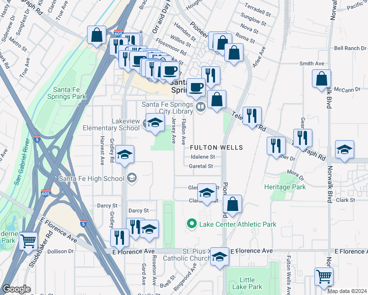 map of restaurants, bars, coffee shops, grocery stores, and more near Flallon Avenue in Santa Fe Springs