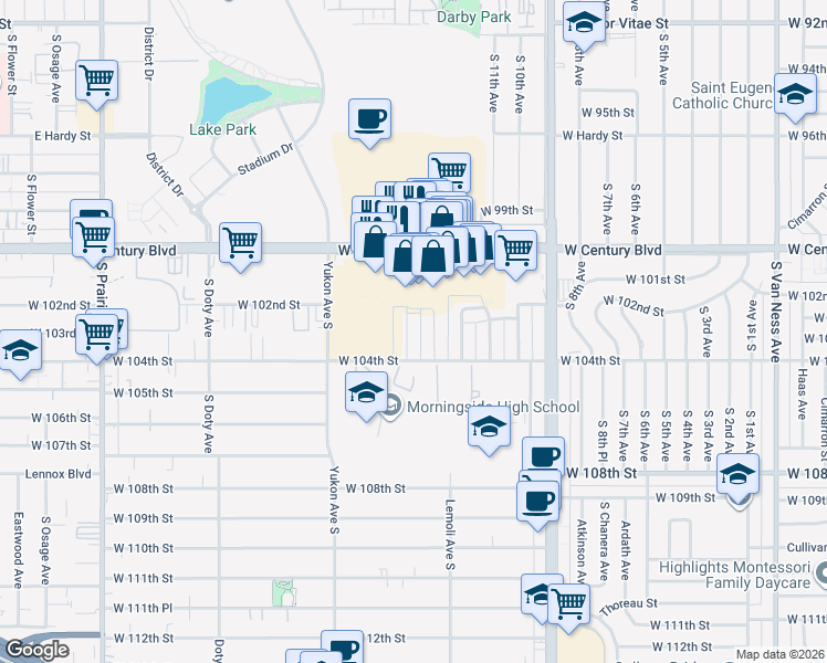 map of restaurants, bars, coffee shops, grocery stores, and more near 10222 Dixon Avenue South in Inglewood