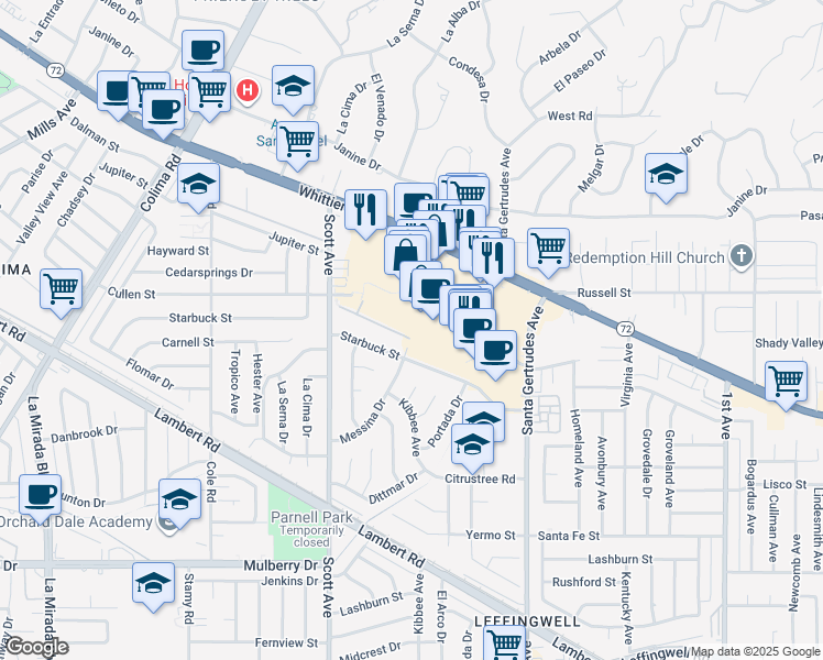 map of restaurants, bars, coffee shops, grocery stores, and more near 15413 Ashley Court in Whittier