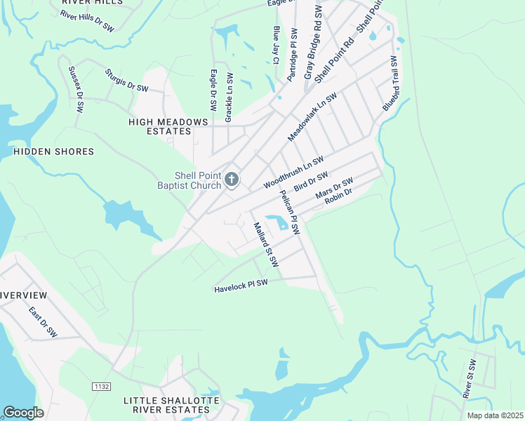 map of restaurants, bars, coffee shops, grocery stores, and more near 3039 Bird Drive Southwest in Shallotte