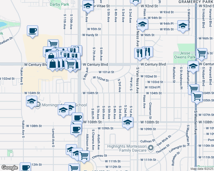 map of restaurants, bars, coffee shops, grocery stores, and more near 10233 South 5th Avenue in Inglewood