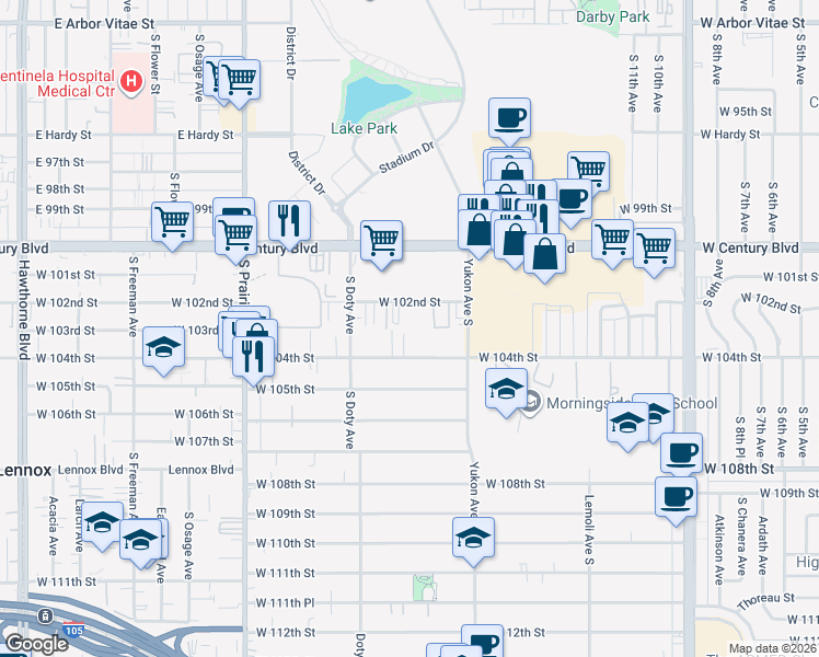 map of restaurants, bars, coffee shops, grocery stores, and more near 3668 West 102nd Street in Inglewood