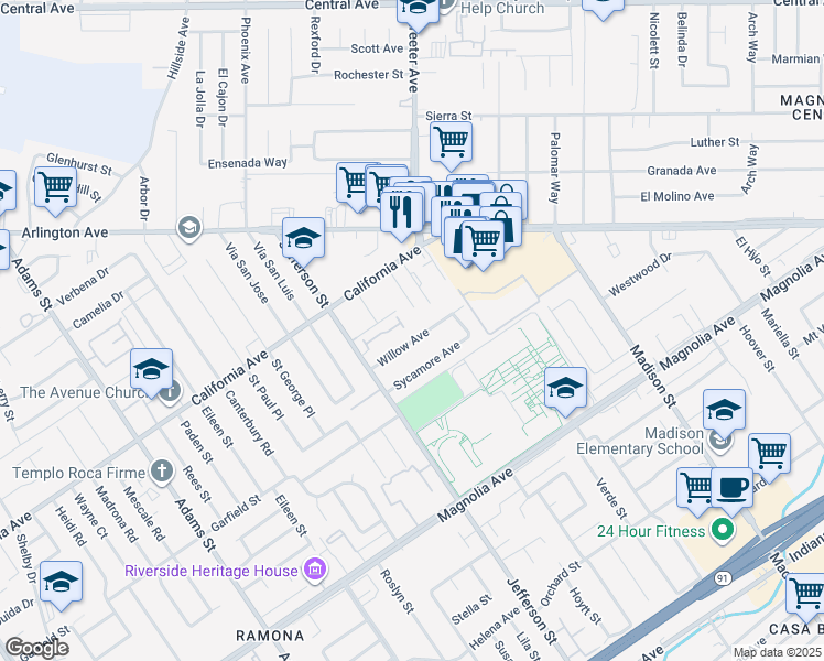 map of restaurants, bars, coffee shops, grocery stores, and more near 7805 Willow Avenue in Riverside