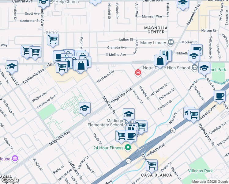map of restaurants, bars, coffee shops, grocery stores, and more near 7431 Magnolia Avenue in Riverside