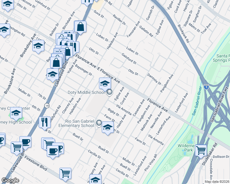 map of restaurants, bars, coffee shops, grocery stores, and more near 10230 Woodruff Avenue in Downey
